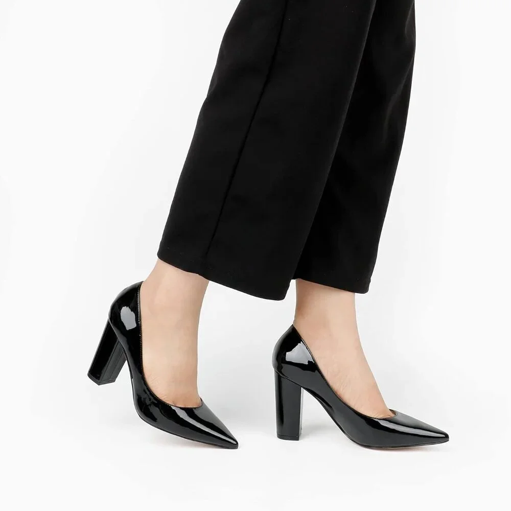 Women Chunky Heels Faux Patent Leather 8 Stylish Pointed Toe Pumps - Picture 5 of 6